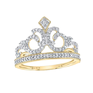 10k Yellow Gold Round Diamond Fleur Crown Tiara Fashion Ring 0.20ct