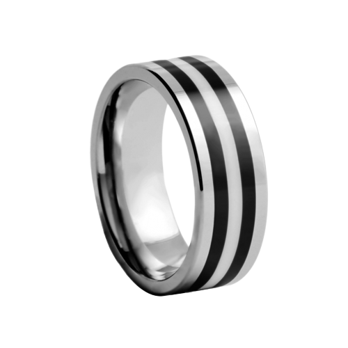 8 mm wide White Tungsten Comfort Fit Carbide Band with Double Black Stripes