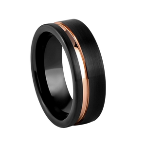 8 mm wide Black Tungsten Comfort Fit Carbide Band with Pink Strip Accent