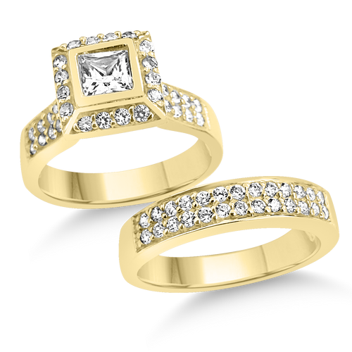 RR-137 & BRR-137: SOLID: Yellow,White and Rose Swarovski Zirconia Halo Engagement and Wedding set (2pcs)  Double row wedding set with princess cut center and round stones