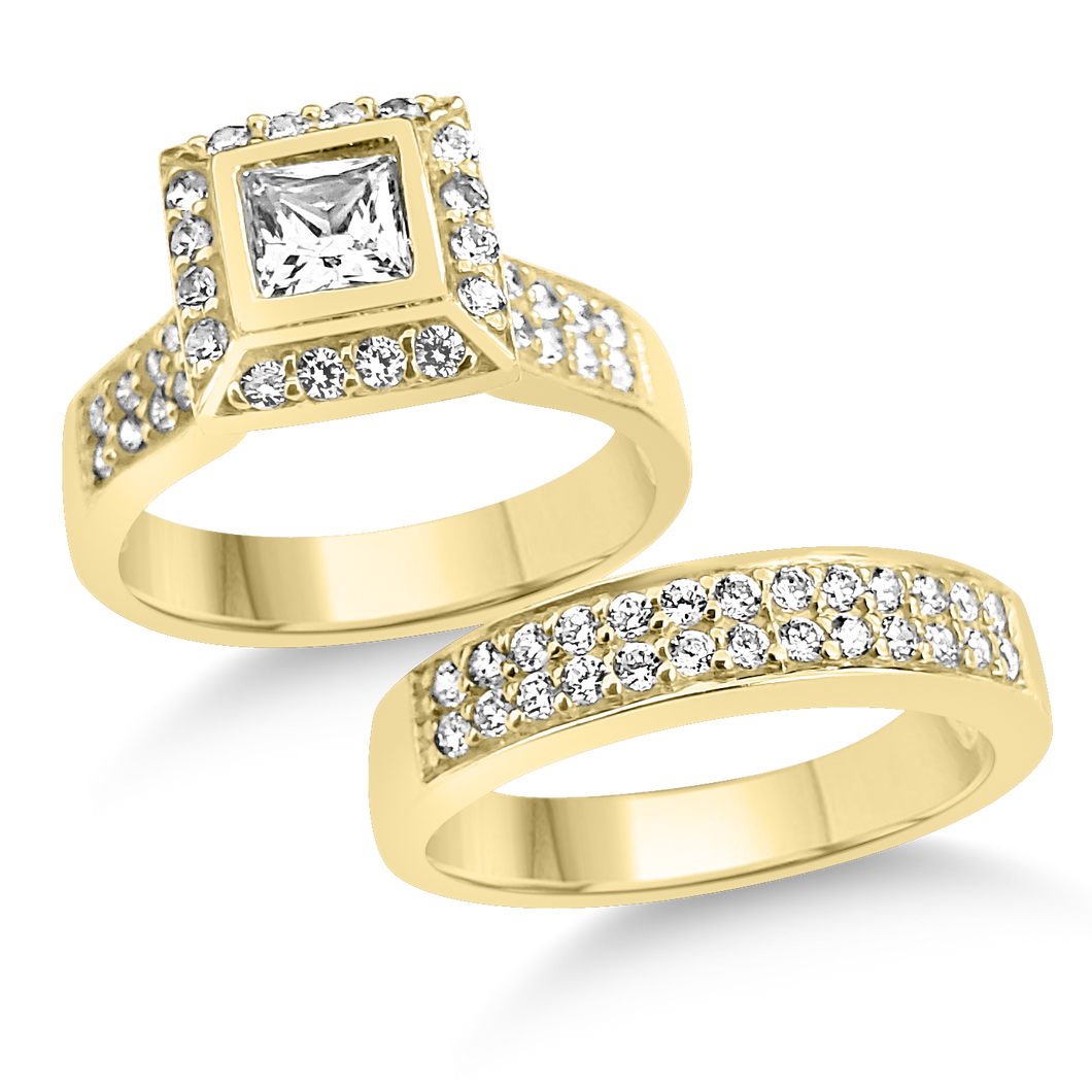 RR-137 & BRR-137: SOLID: Yellow,White and Rose Swarovski Zirconia Halo Engagement and Wedding set (2pcs)  Double row wedding set with princess cut center and round stones