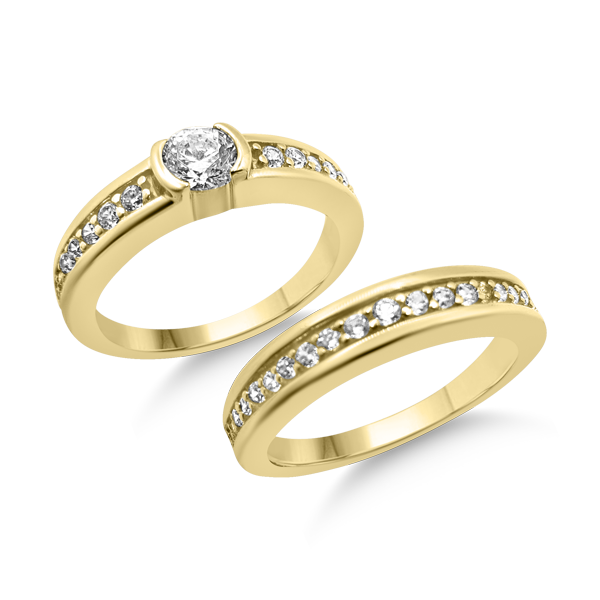 RR-266& BRR-266 : Yellow,White and Rose Bezel Set Solitaire Engagement and Wedding set (2pcs)