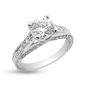 48-29: Round Swarovski Zirconia engagement ring with milgrain and accent stones