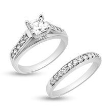 Load image into Gallery viewer, RR-17&amp; BRR-34: Princess Yellow,White and Rose Gold Swarovski Zirconia Engagement and Wedding set (2pcs)