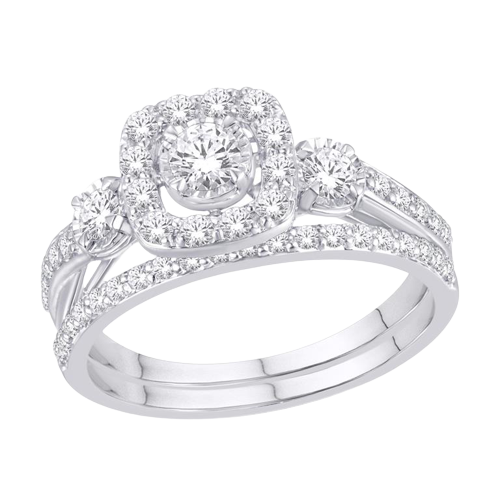 R0056: 10k white gold Cushion halo diamond head with 0.75ct diamond wedding set