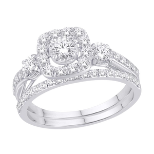 R0056: 10k white gold Cushion halo diamond head with 0.75ct diamond wedding set