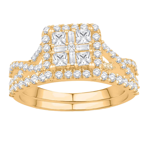 10k Princess cluster halo Yellow Gold Wedding Set 1.00ct Diamond total weight