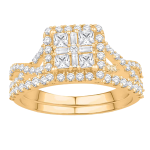 10k Princess cluster halo Yellow Gold Wedding Set 1.00ct Diamond total weight