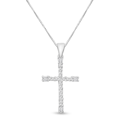 10k white gold 0.40 ct TW baggutte and round diamond cross pendant with box chain