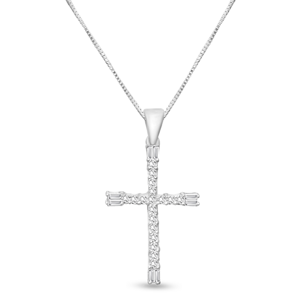 10k white gold 0.40 ct TW baggutte and round diamond cross pendant with box chain