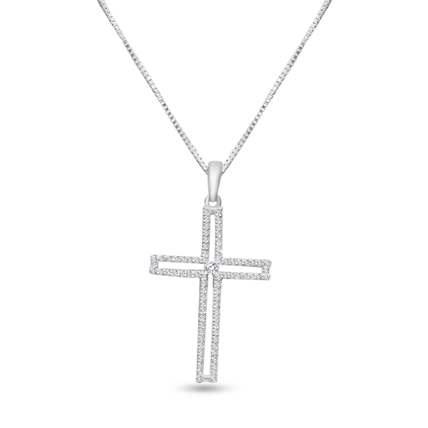 14k white gold 0.20 ct TW diamond cross pendant with box chain