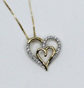 14k 0.11 ct TW diamond double heart pendant with 18" box chain
