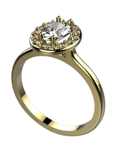Load image into Gallery viewer, Oval cut cubic zirconia surrounded by milgrain details set on a simple band in yellow gold