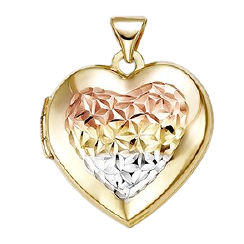 10k Tri Colour Heart Locket with Diamond Cuts 18mm