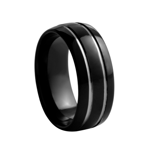8 mm wide Dome Black Tungsten Comfort Fit Carbide Band with Double White Stripes