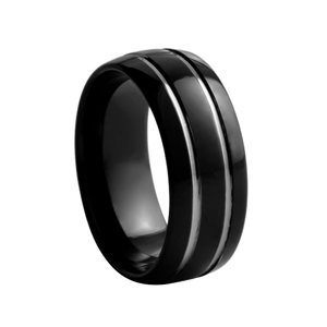 8 mm wide Dome Black Tungsten Comfort Fit Carbide Band with Double White Stripes