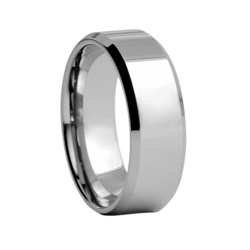 8mm wide High Polish White Tungsten Comfort Fit Carbide Band with Bevel Edge