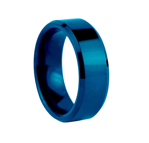 8 mm wide Bevel Edge Blue Brush Finish Tungsten Comfort Fit Carbide Band