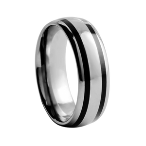 7mm wide Dome White Tungsten Comfort Fit Carbide Band With Double Black Stripe