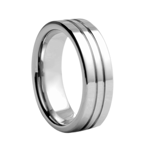 8mm wide Polish Finish White Tungsten Comfort Fit Carbide Band With Double Thin Black Stripe